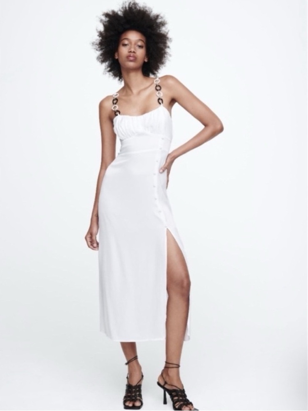 Zara White Midi Slip Dress with Ring-Detail Straps